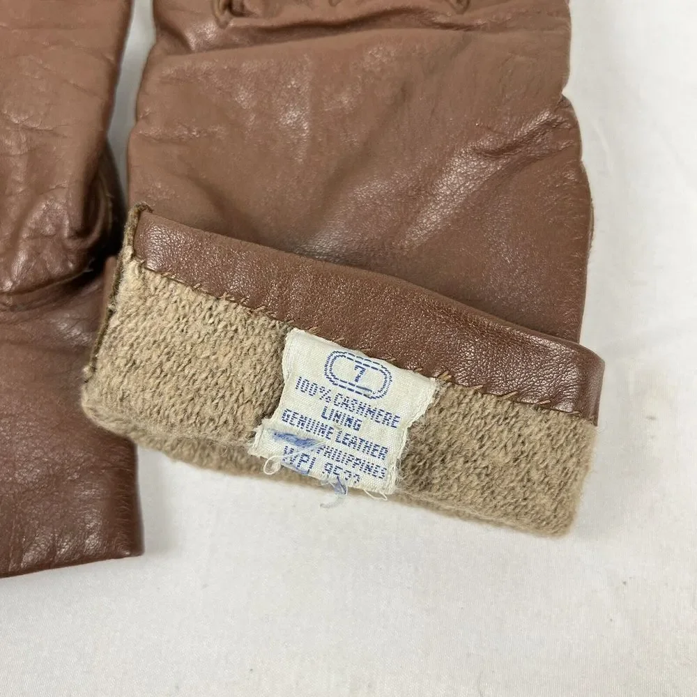 Vintage Fownes Womens Brown Leather Cashmere Lined Gloves Size‎ 7